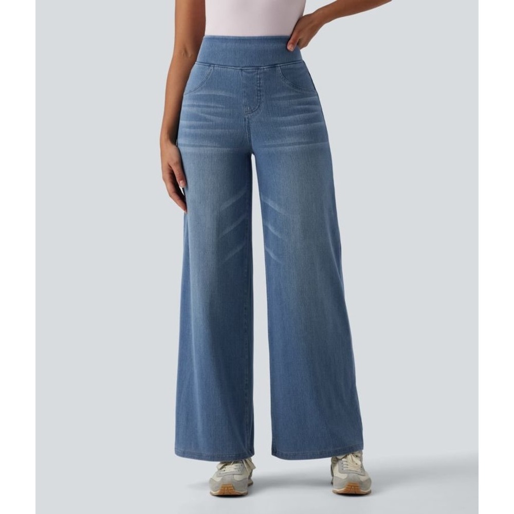 Halara Flex High Waisted Tummy Control Wide Leg Casual Jeans Pockets L Regular